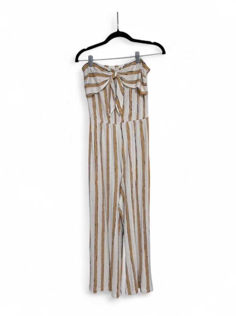 Love Tree Strapless Tie-Front Wide-Leg Jumpsuit in Cream and Brown Stripes